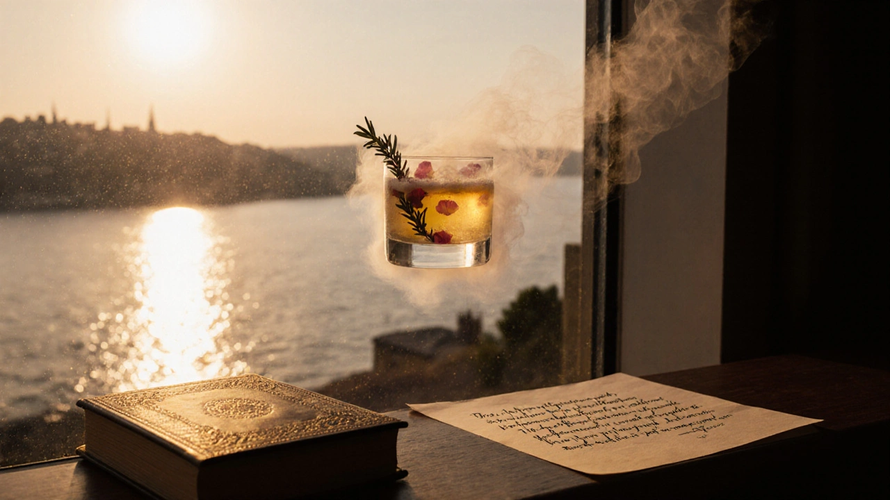 A floating cocktail above the Bosphorus at sunset, surrounded by herbs and honey swirls, with a handwritten Rumi quote nearby.