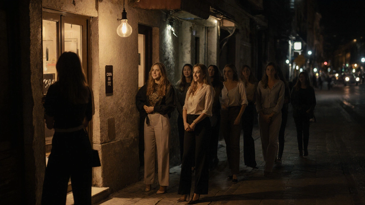 A group of women waiting outside a hidden nightclub door in a quiet Istanbul alley at night.