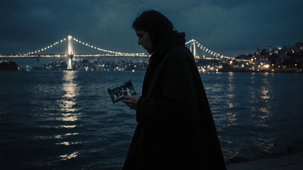 A solitary Syrian woman walking along the Bosphorus at night, holding a photo of children, city lights reflecting on water.