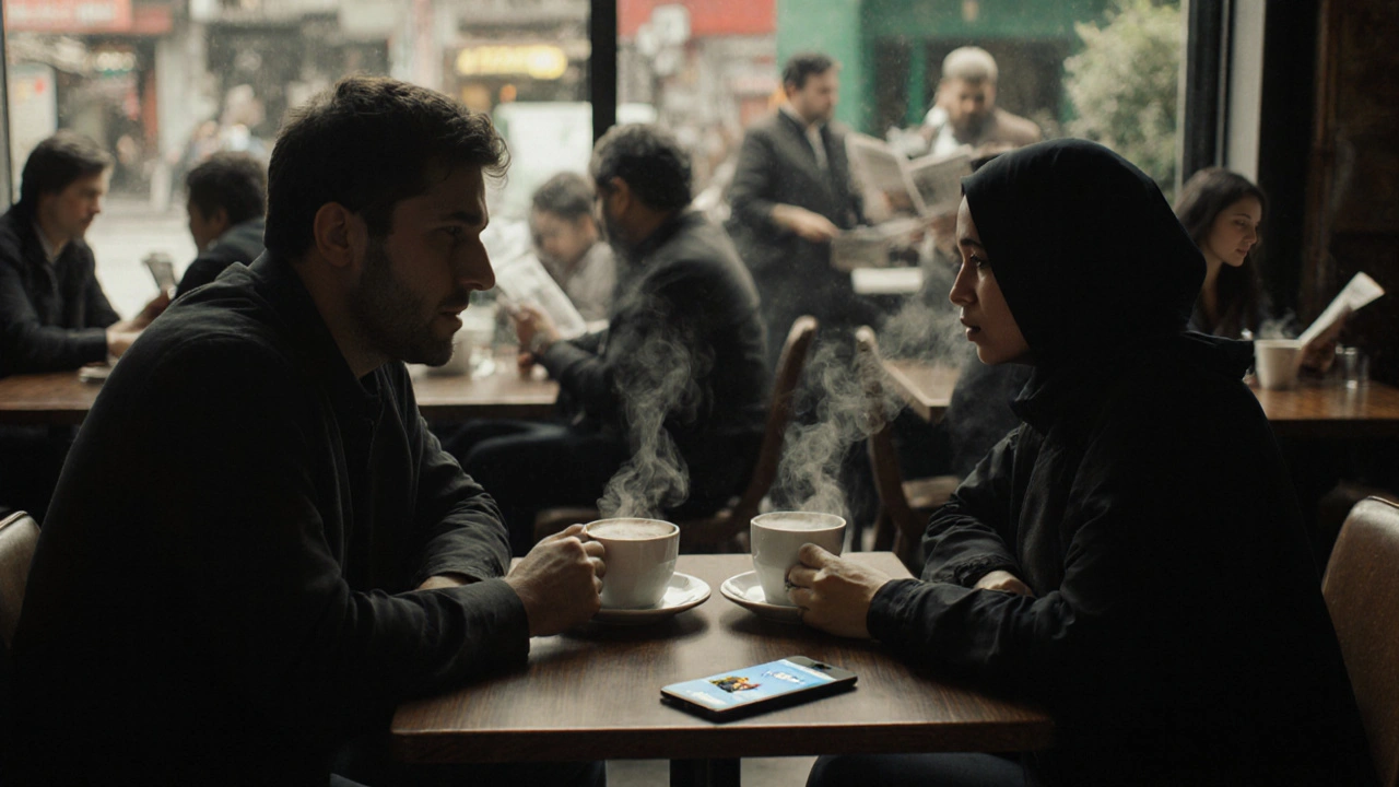 A Syrian woman and foreign man having a quiet conversation over coffee in a busy Istanbul café.