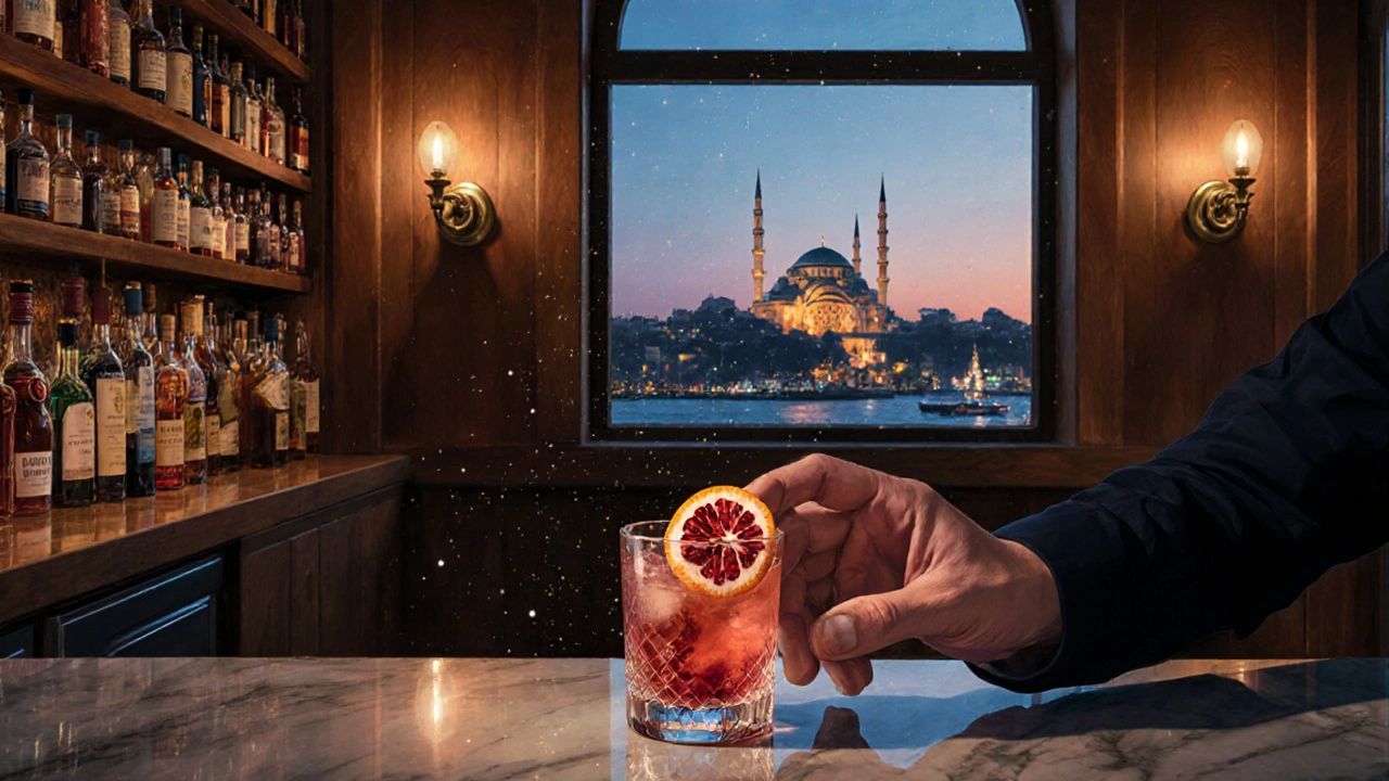 A wooden bar with hundreds of whiskey bottles and an Istanbul Negroni resting on marble, reflecting the city lights at twilight.