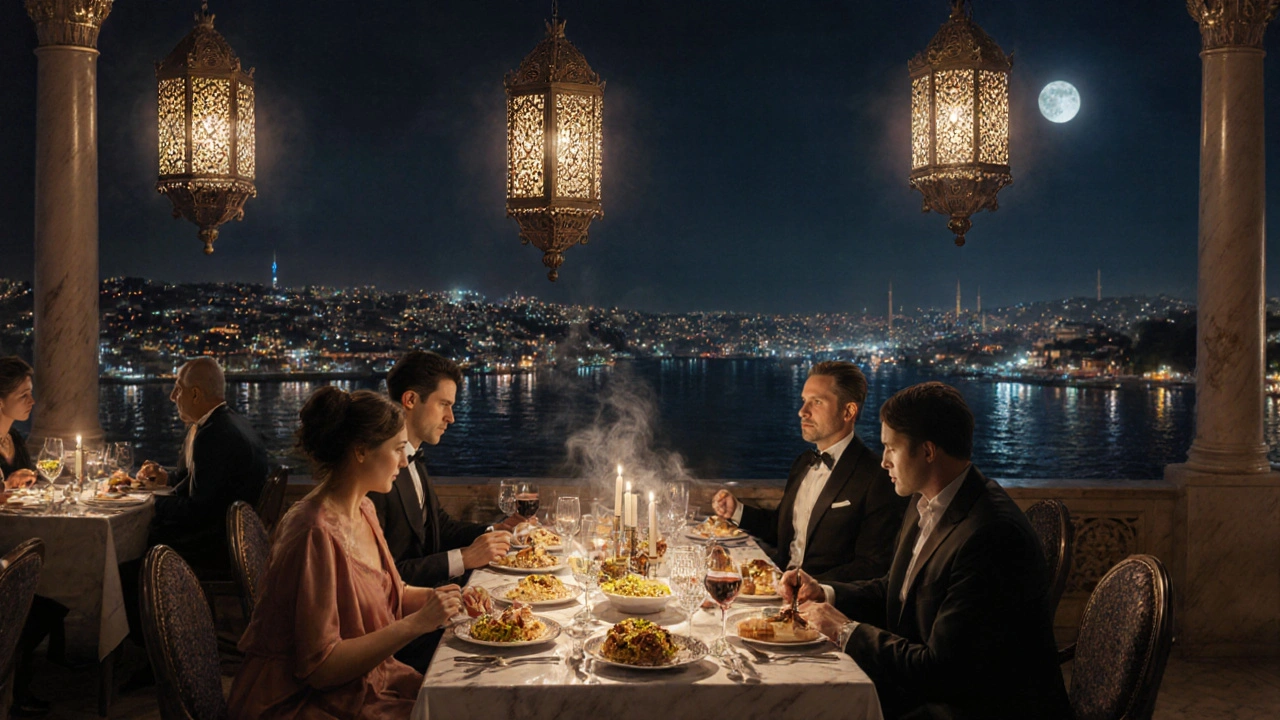 Candlelit royal Ottoman feast on a palace terrace with Bosphorus night view.