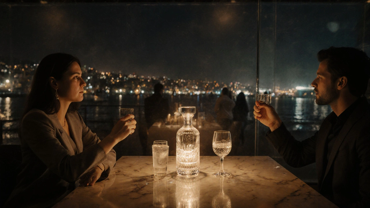 Cinematic VIP table at Anjelique with drinks, couple toasting, and city lights in the background.