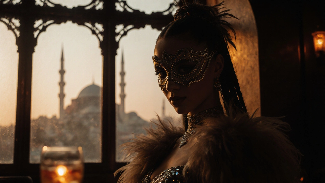 Close-up of a glowing mask in a lounge with Galata Tower lattice behind.