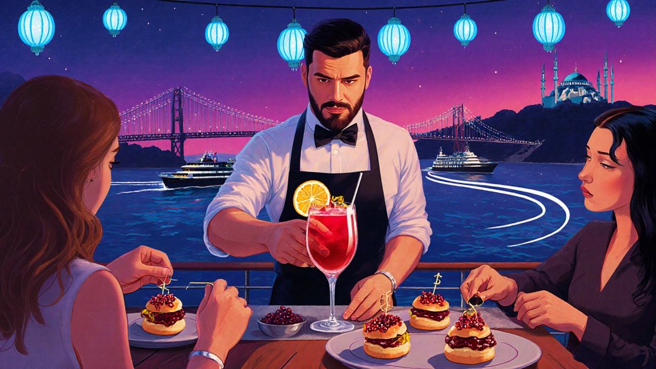 Cocktail mixology lesson on Ortaköy deck with kebab sliders and bridge backdrop.
