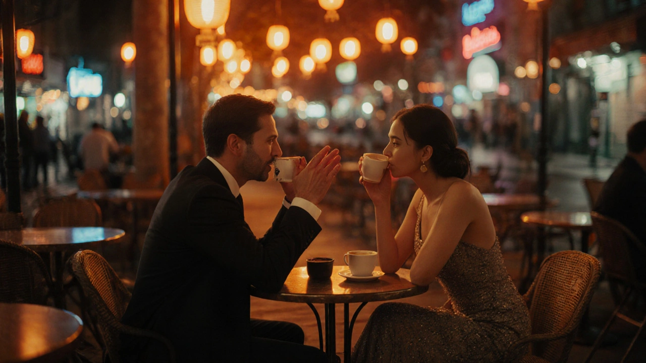 Couple sharing coffee on a lit café terrace, with a subtle safe‑word gesture.