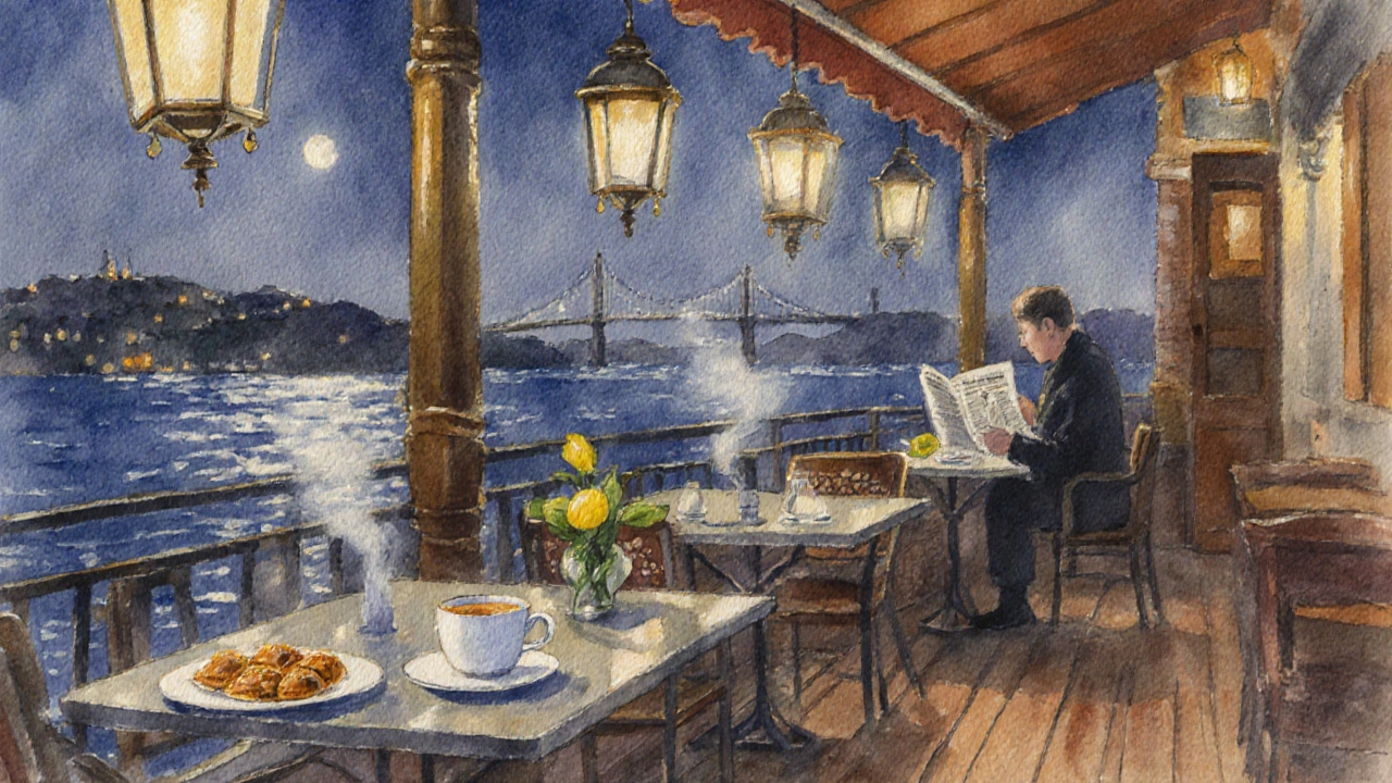 Cozy Bebek waterfront café at night with coffee, baklava, and lantern light.