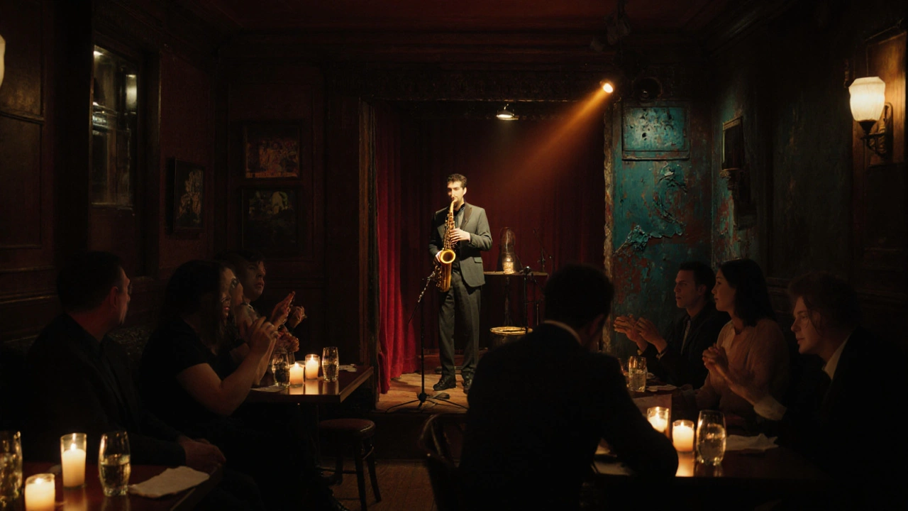 Cozy jazz club interior with a saxophonist and candlelit tables.