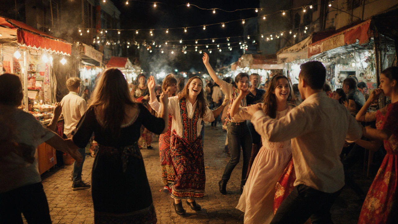 Crowd dancing in a lively street festival under fairy lights with food stalls and live music.