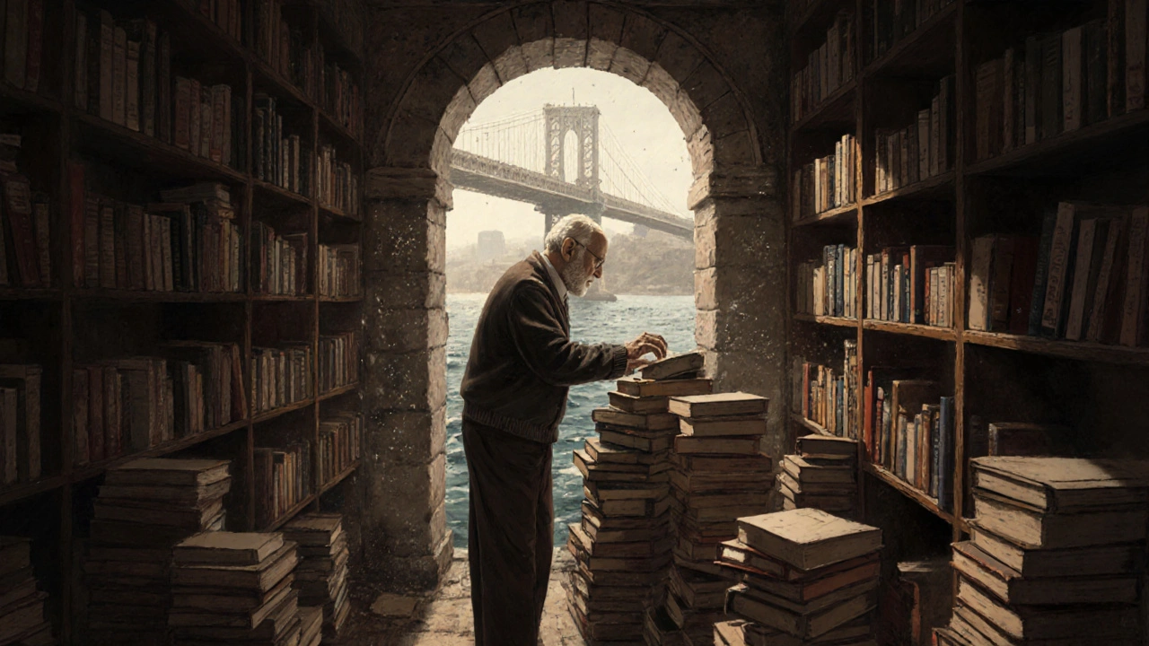 Dimly lit basement bookstore under Galata Bridge with elderly owner surrounded by stacks of old books.