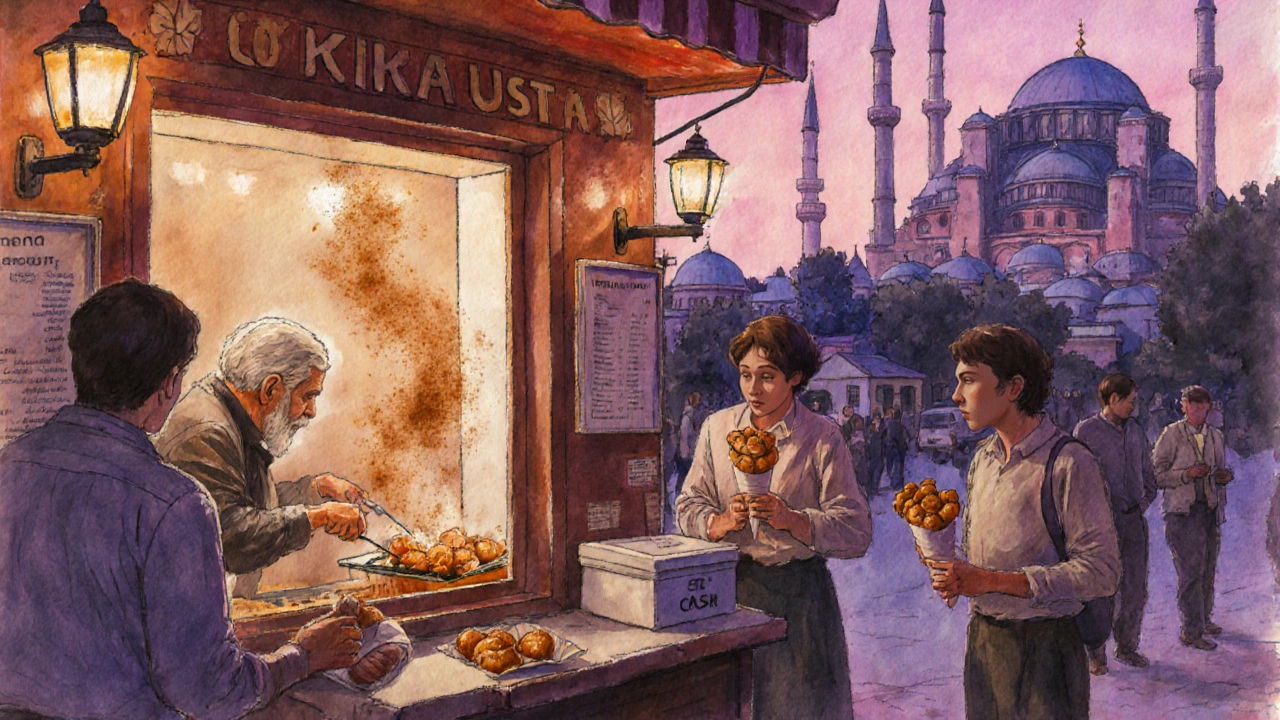 Elderly man frying lokma in a small kitchen window as customers receive warm dough balls.