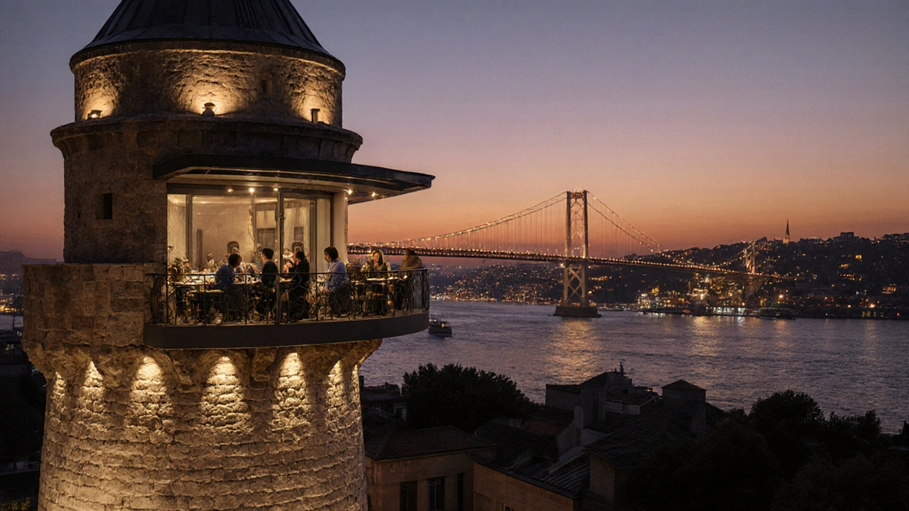 Evening at Maiden's Tower café with visitors drinking tea and city lights.