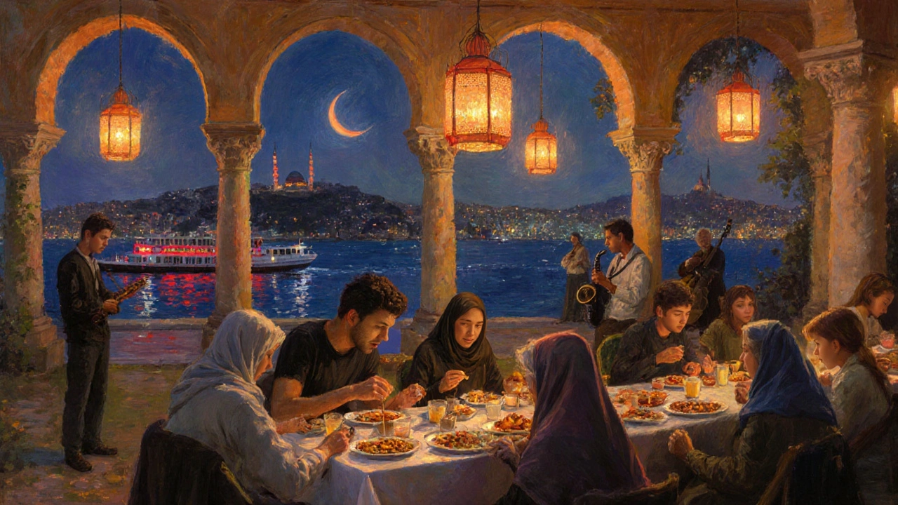 Evening Ramadan iftar in the palace gardens with lanterns, food, and a jazz band.