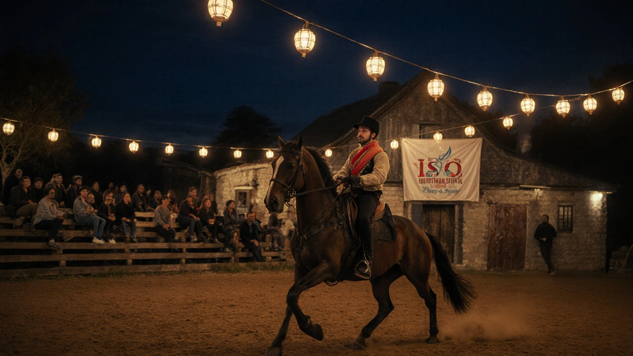 Festive night scene of riders in Ottoman tack performing at Çatalca Center under lantern lights.