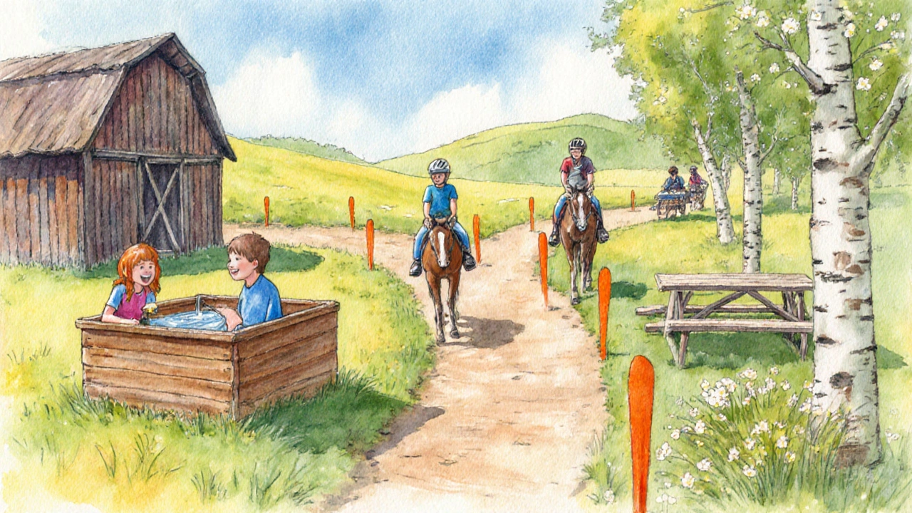 Group riding on Polonezköy trail with orange markers, barn, and picnic tables in watercolor style.
