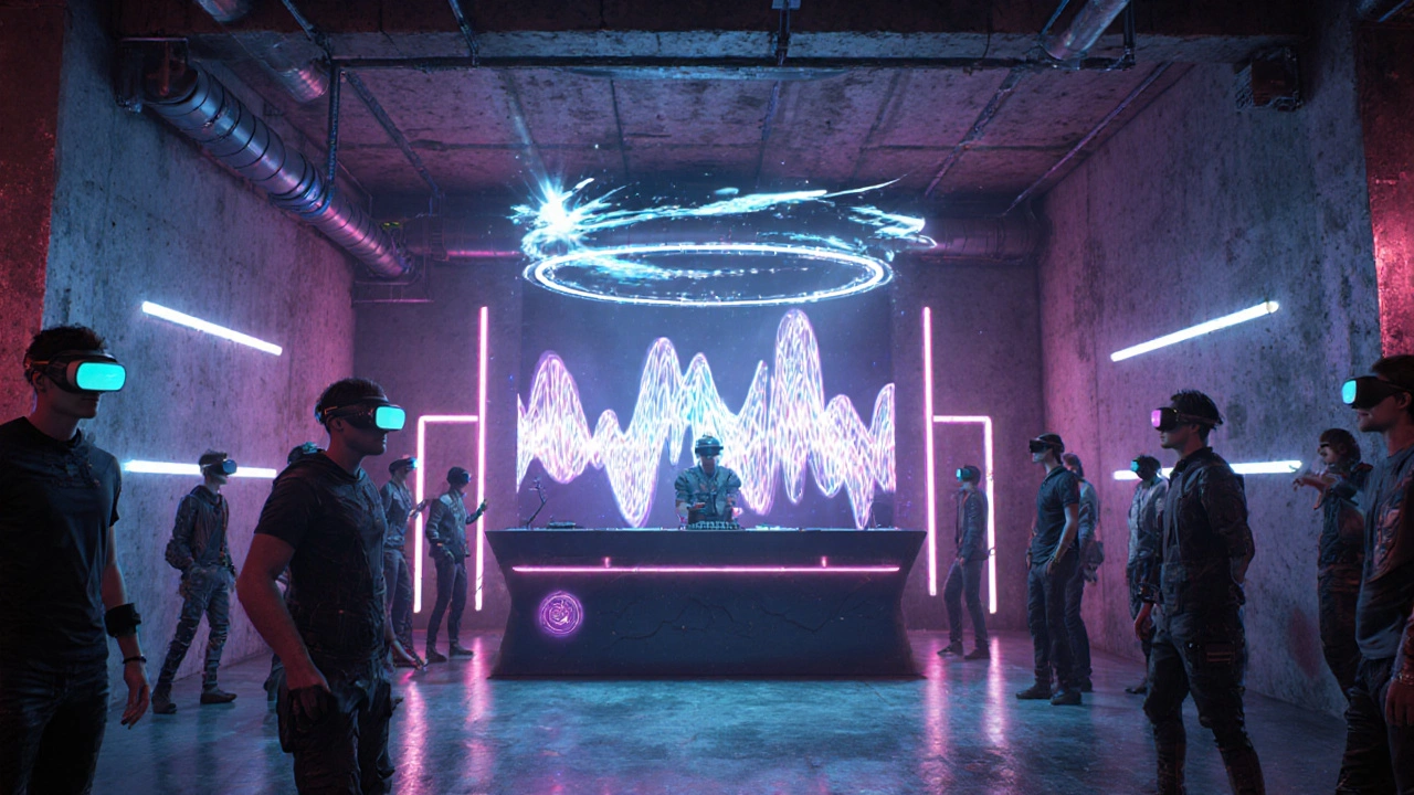 High‑tech club with patrons wearing AR glasses amid neon holograms.
