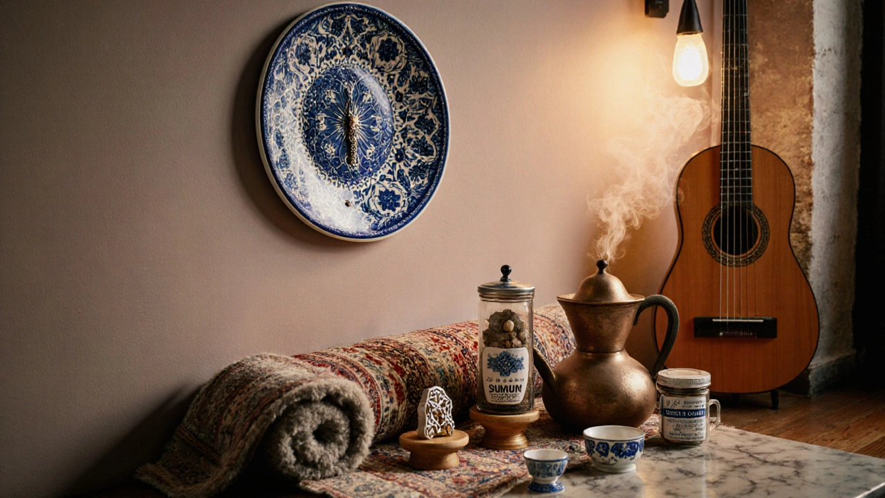 Home setting displaying an Iznik plate, silver Nazar pendant, lokum box, copper cezve, and rolled carpet.