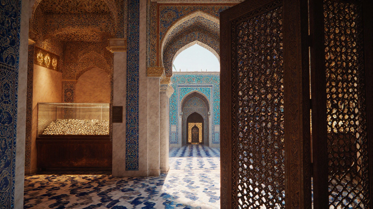 Illustration of Topkapi Harem and Treasury showing ornate screens, tiles, and the dagger.