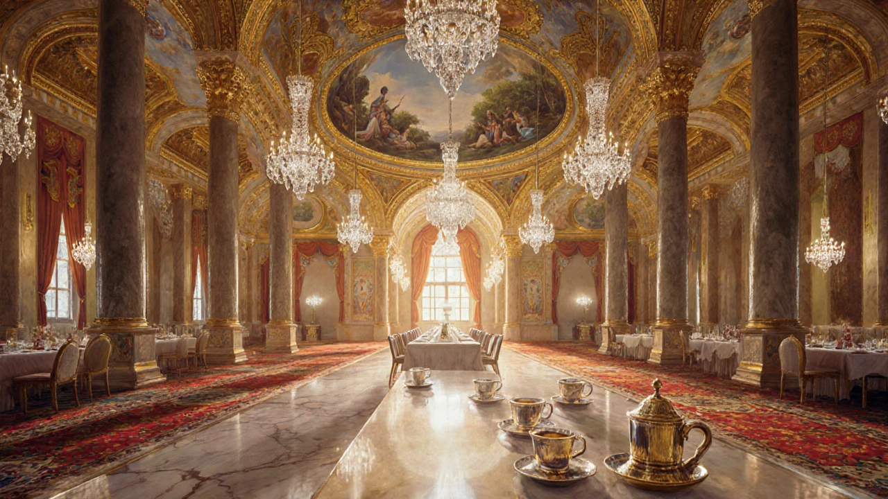 Inside the Ceremonial Hall with chandeliers and a frescoed ceiling.