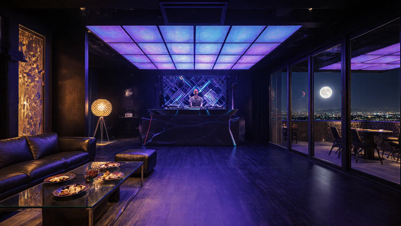 Interior view of Anjelique with LED lighting, DJ booth, lounge area, and rooftop doors.