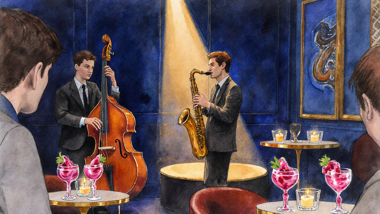 Intimate jazz club interior with a saxophonist, candlelit tables, and pink pomegranate cocktails.