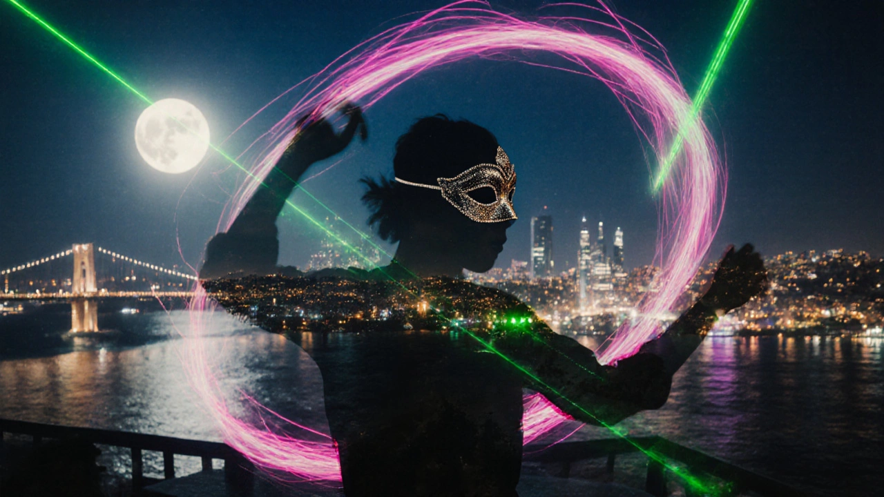 Masked dancer silhouette blended with Bosphorus bridge lights and neon trails.