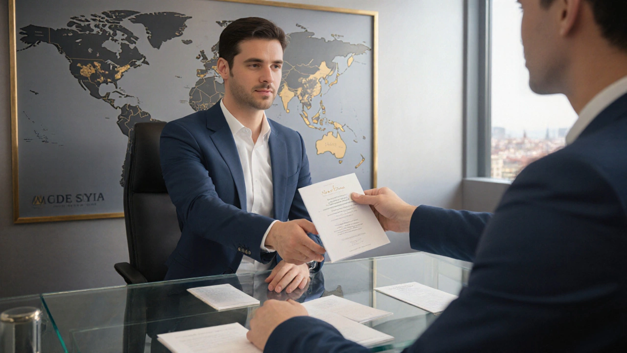 Modern agency office where an agent hands a brochure to a client.