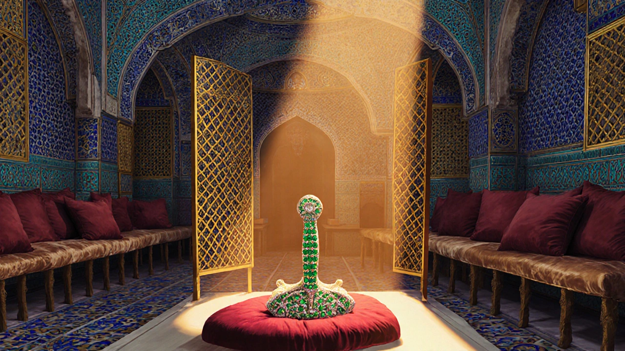 Ornate Harem chamber with blue tiles, gold details, and a jeweled dagger on display.