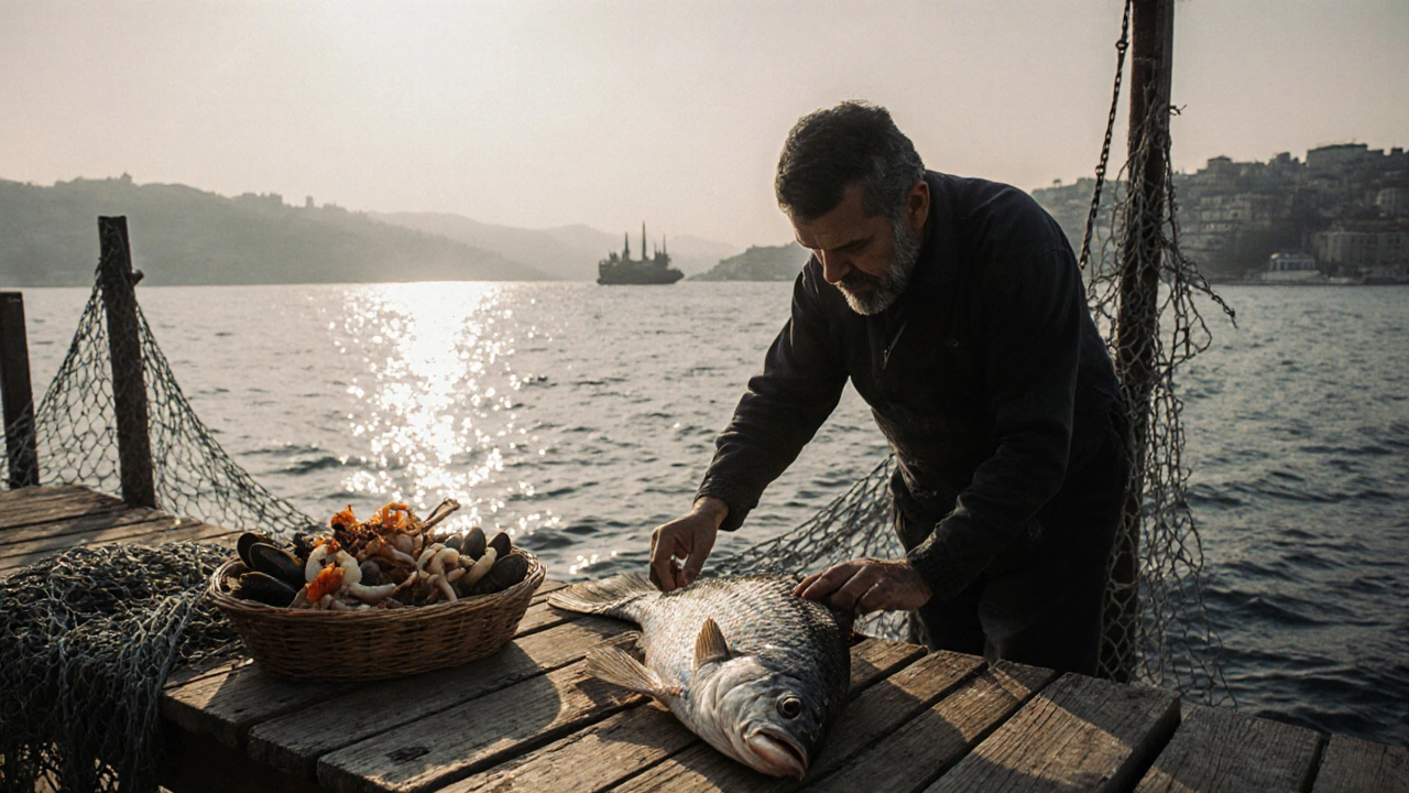 Owner inspecting fresh sea bass at Balıkçı Sabahattin at sunrise by the Bosphorus.