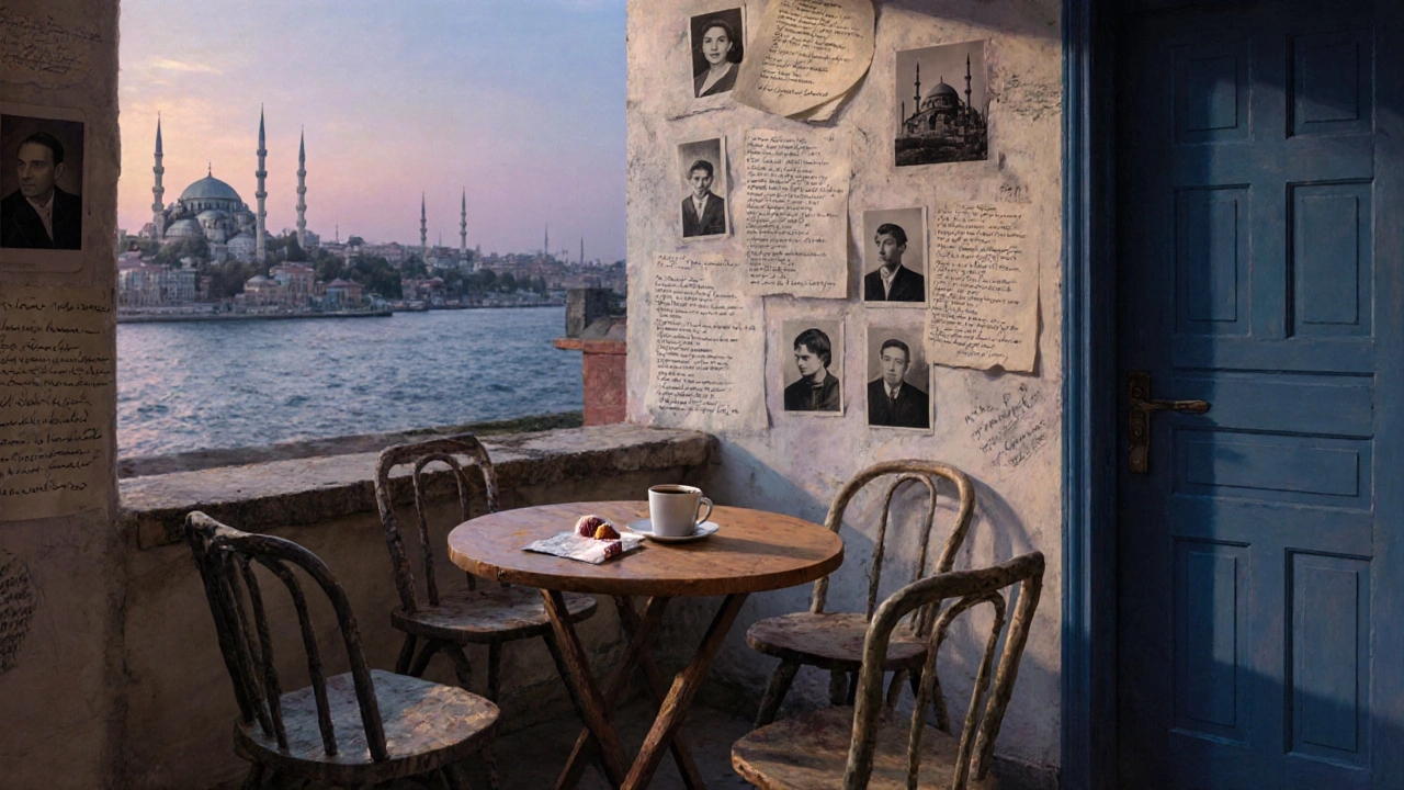 Rooftop café in Balat with mismatched chairs, handwritten poems on walls, overlooking the Golden Horn at twilight.