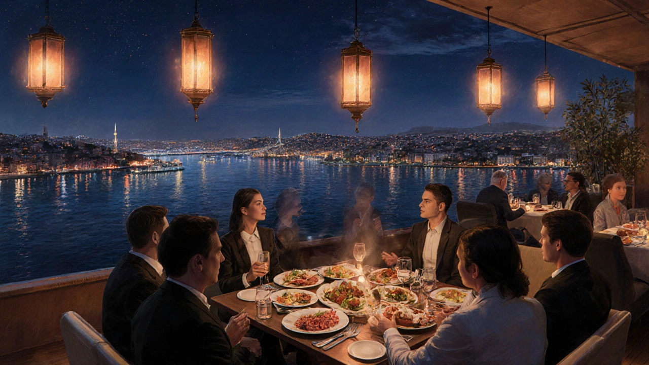 Rooftop meze bar on Istiklal with city lights and diners enjoying plates.