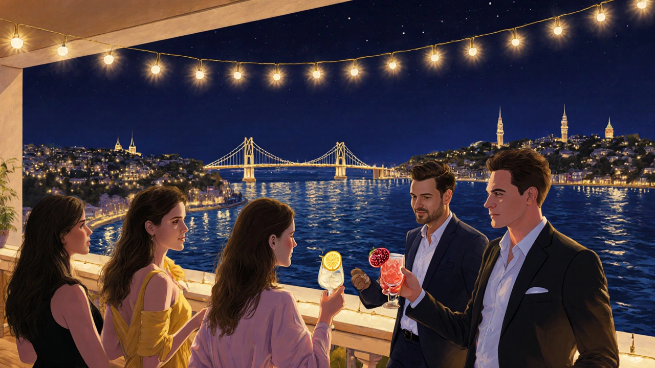 Rooftop terrace at night with stylish guests enjoying cocktails and Bosphorus skyline.