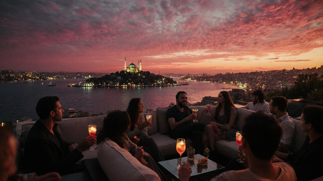 Rooftop terrace at sunset overlooking the Bosphorus, with people enjoying drinks and twilight views.