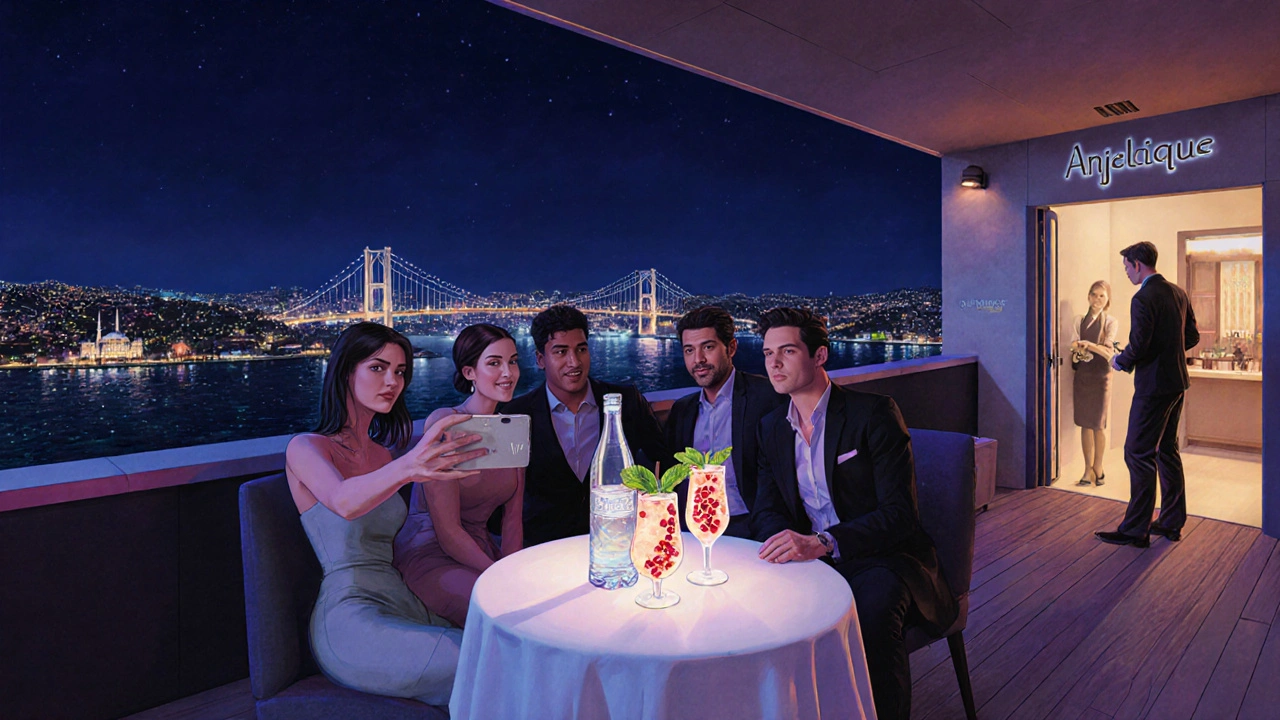 Rooftop VIP table with cocktails and city lights, people taking a selfie.
