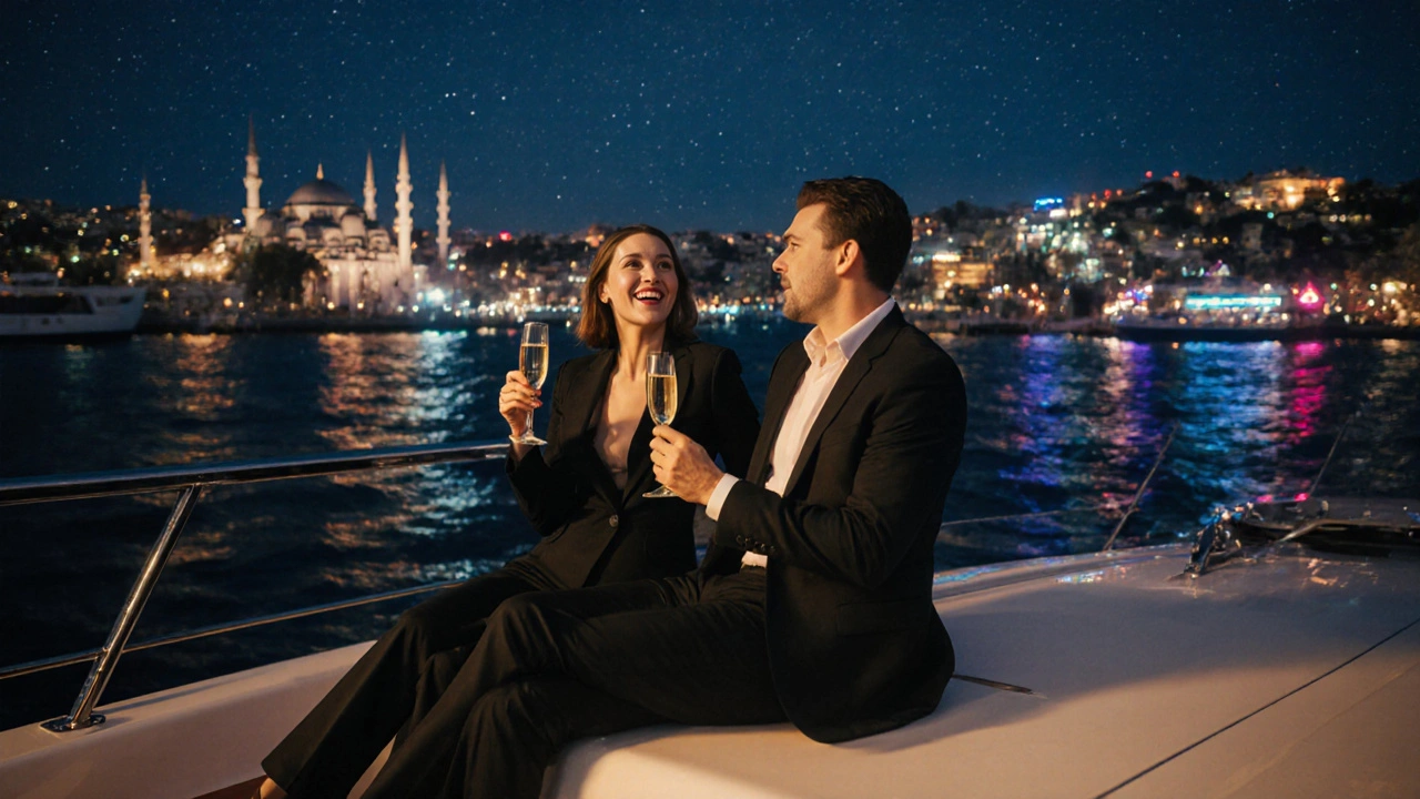 Sophisticated escort and partner on a yacht deck at night, raising champagne glasses with Istanbul skyline behind.