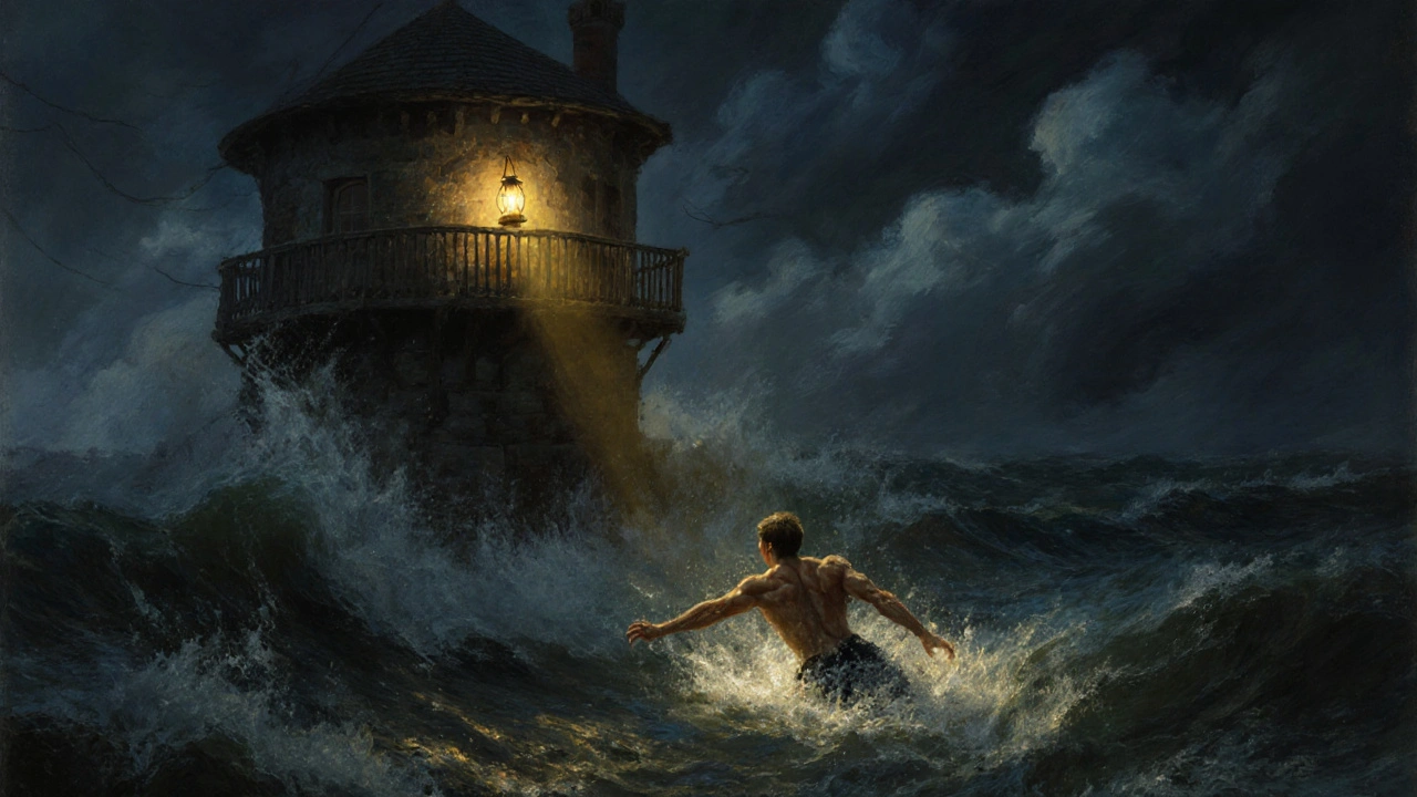 Stormy night scene of Leander swimming toward lanternlit Maiden's Tower.