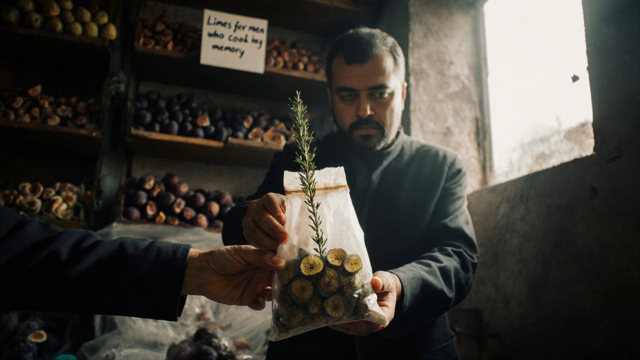 Syrian vendor handing a bag of dried limes with a sprig of thyme, quiet corner of the market with handwritten note in background.