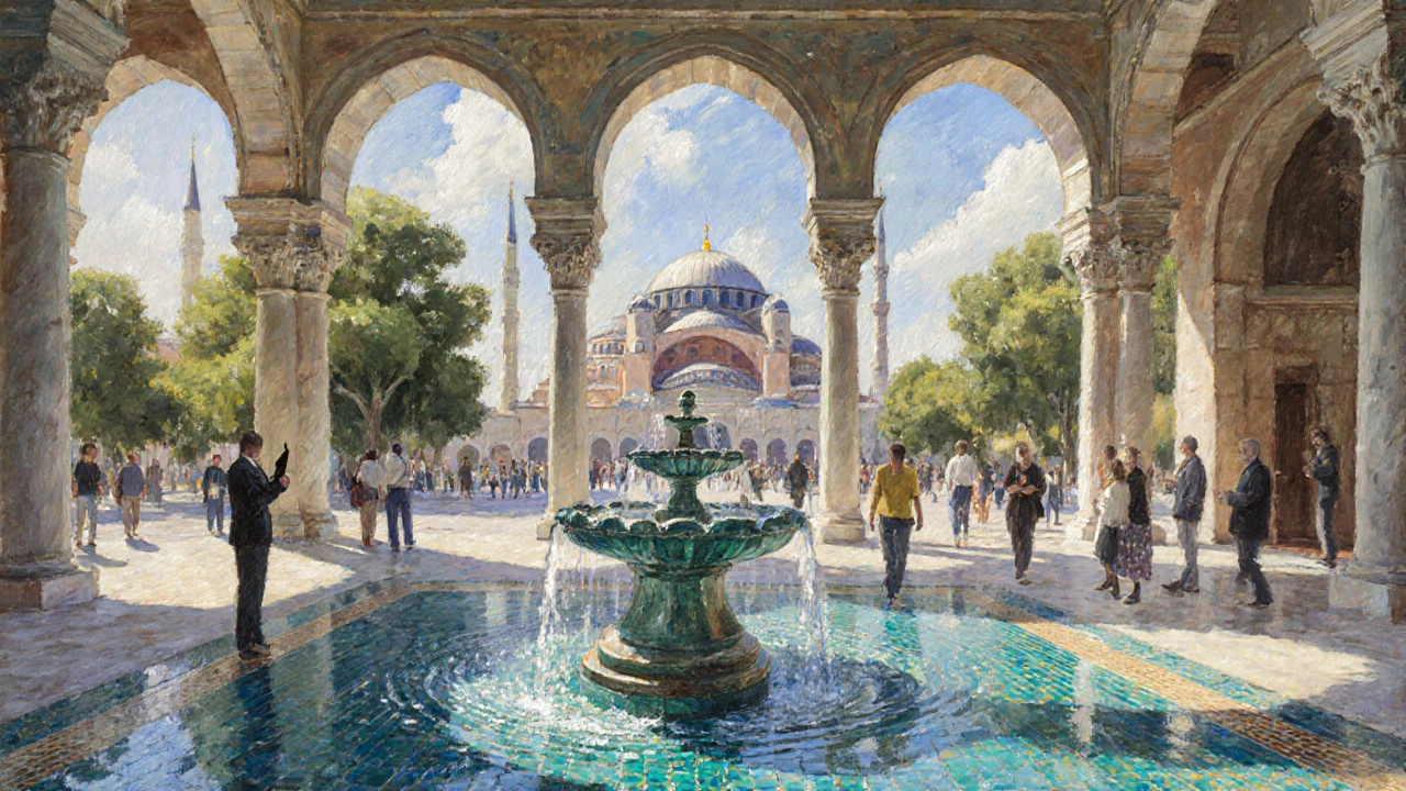 Visitors exploring the second courtyard and Hagia Irene church inside Topkapi Palace.