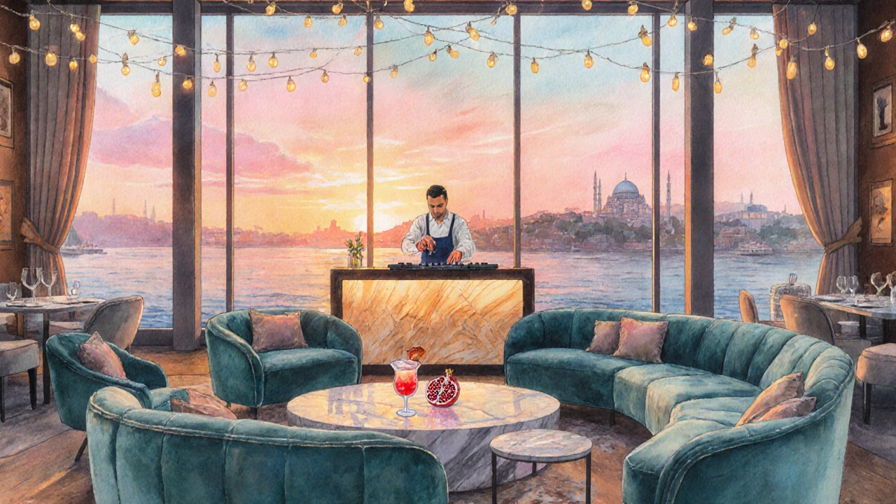 Watercolor interior of Anjelique at sunset showing glass walls, velvet sofas, and a cocktail being mixed.