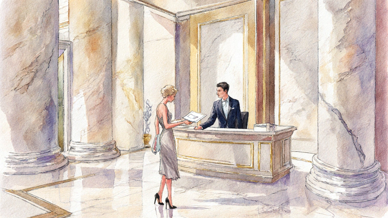 Watercolor of a luxury hotel lobby where an escort receives an envelope from a concierge.