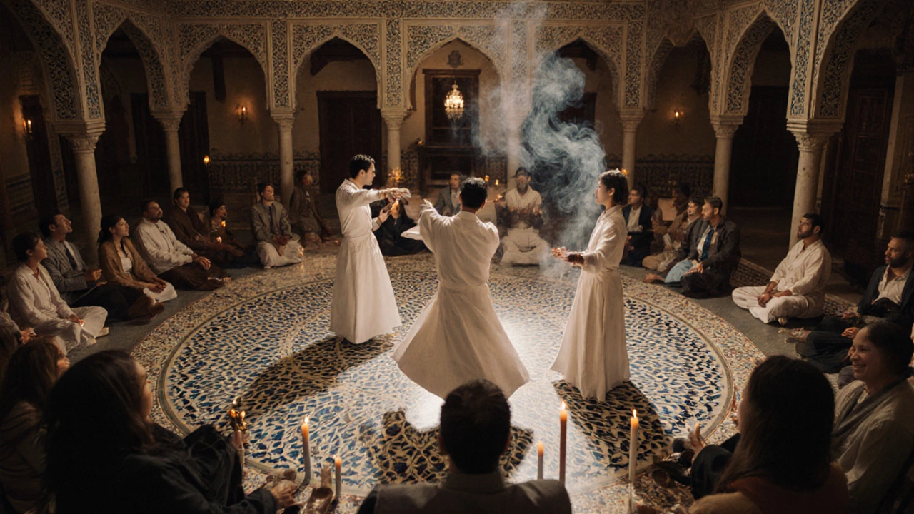 White-robed dervishes spinning in a candlelit ancient lodge during a spiritual ceremony.