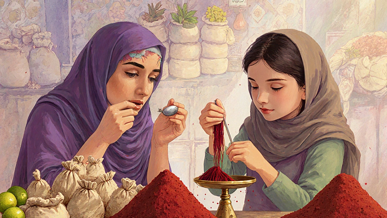 Woman tasting saffron with a silver spoon while her daughter weighs threads on a brass scale, shelves filled with dried herbs behind them.