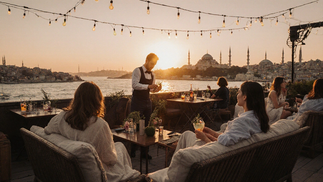 Women relaxing on a rooftop terrace as the sun sets over the Golden Horn, string lights glowing above.