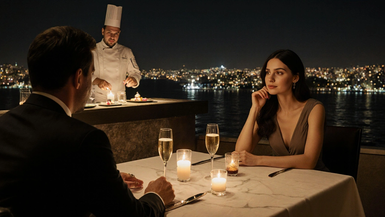 A couple dining on a rooftop in Istanbul, overlooking the Bosphorus at night, with soft candlelight and city lights in the background.