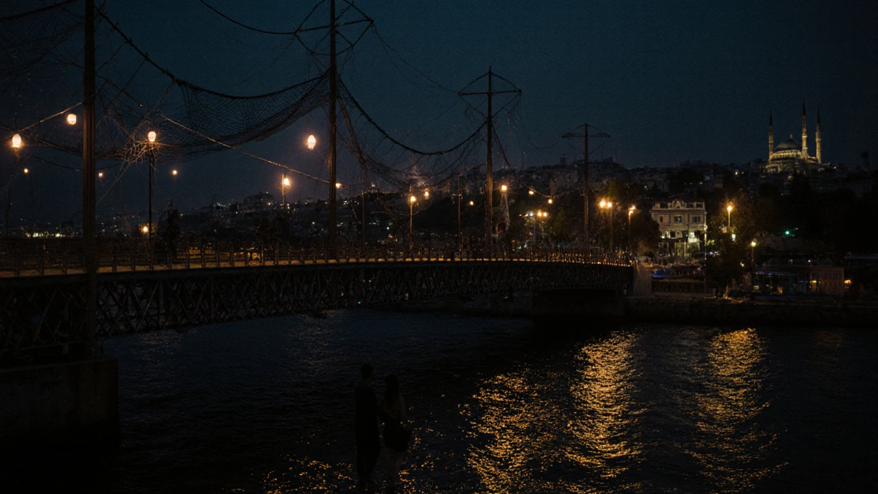 A couple walking hand in hand across the Galata Bridge at night, with string lights reflecting on the Bosphorus below.