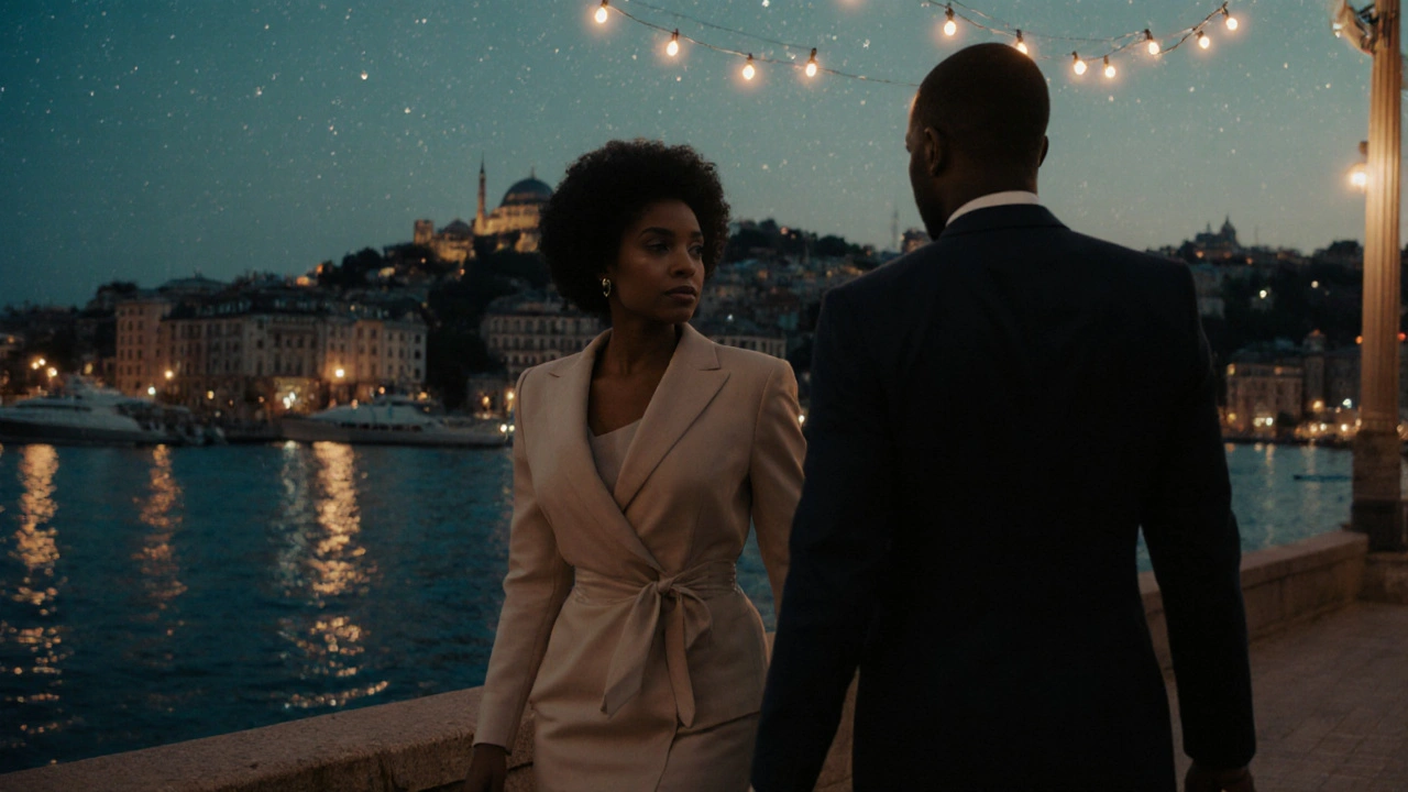 A couple walks peacefully along the Bosphorus at dusk, string lights reflecting on the water behind them.