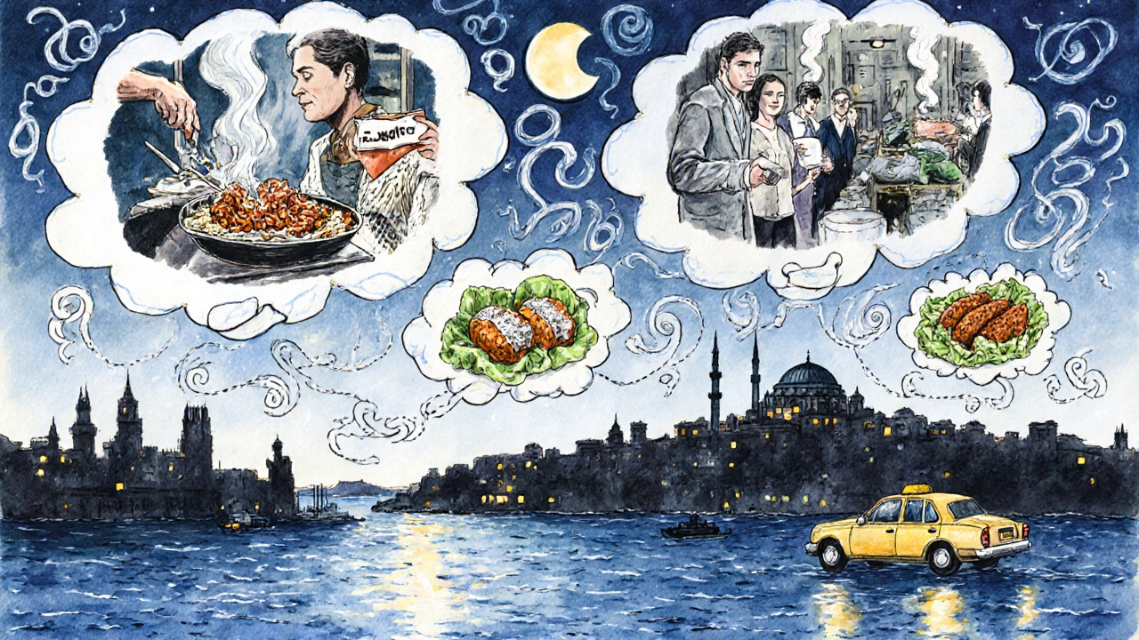 A dreamlike watercolor tapestry of Istanbul’s late-night food icons rising from the Bosphorus under moonlight.