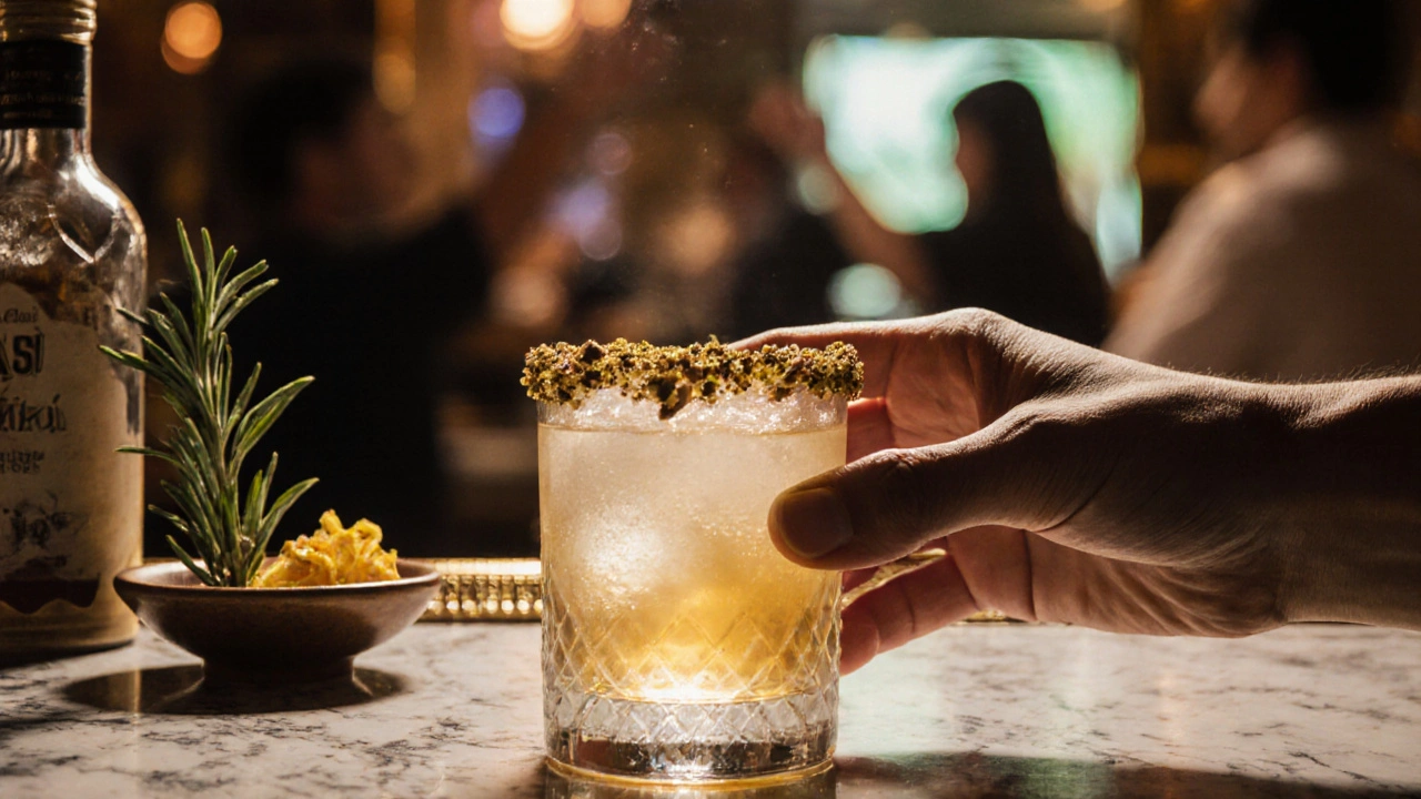 A golden cocktail with pistachio rim sits on a marble bar beside Turkish ingredients like rakı and rosemary.