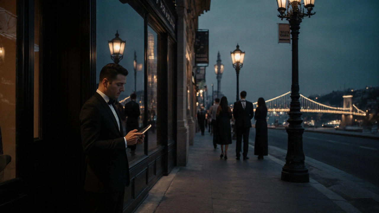 A host in a tailored suit stands beside a discreet nightclub entrance on a quiet Istanbul street at twilight.