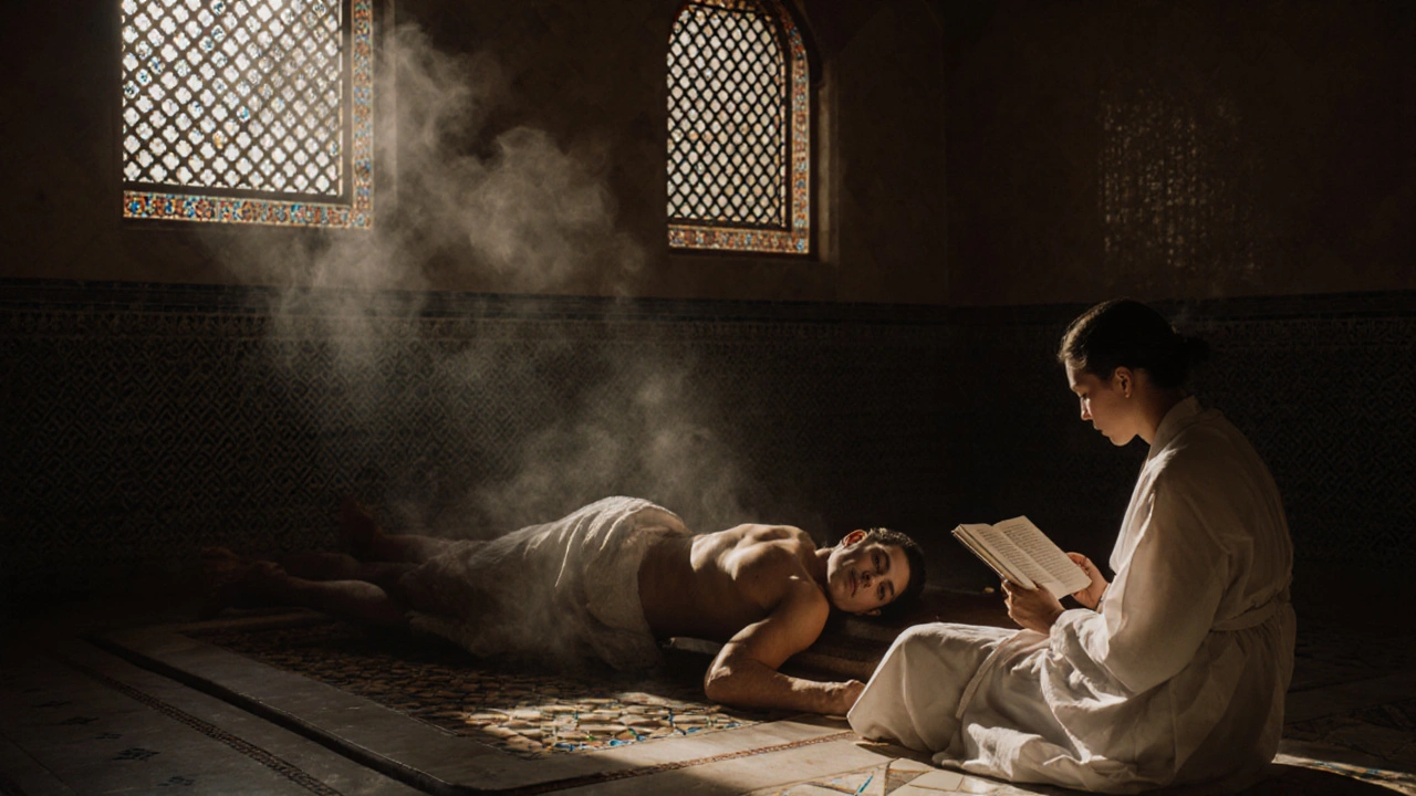 A peaceful moment in a traditional Turkish hammam, with steam, marble, and sunlight filtering through latticed windows.